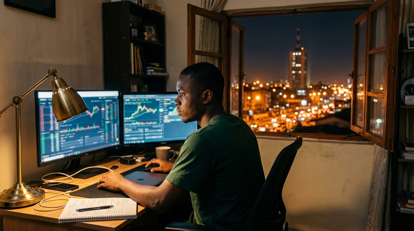 A trader reviewing charts at a desk in Lagos